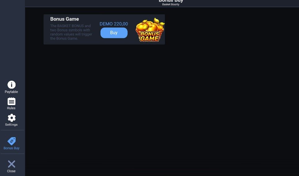 Menu Bonus Buy de Basket Bounty proposant le Bonus Game pour 220 crédits démo avec une mise de 10