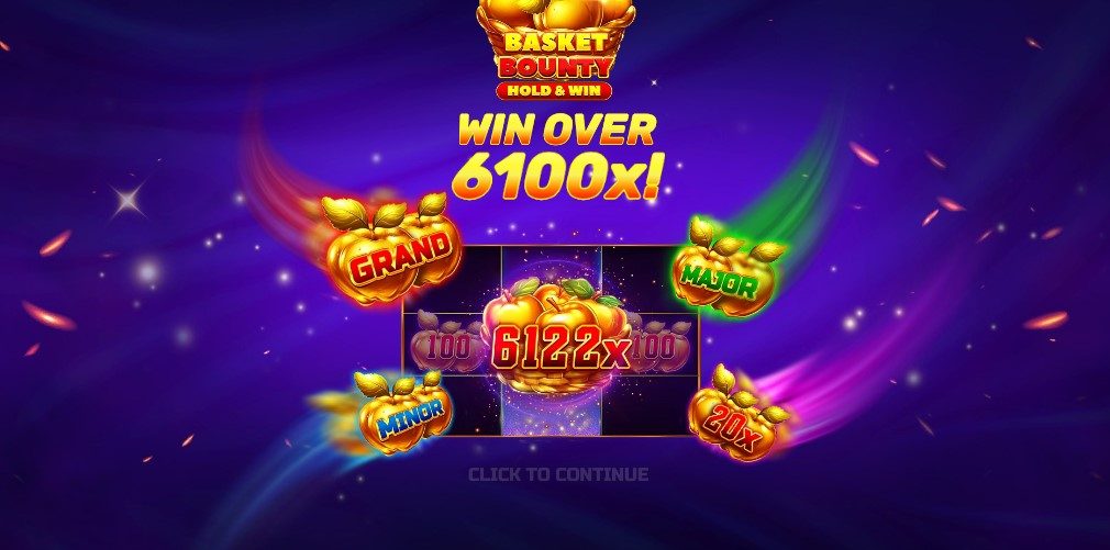 Écran d'introduction Hold & Win de Basket Bounty annonçant un gain de plus de 6 100x avec les jackpots Grand, Major, Minor et Mini