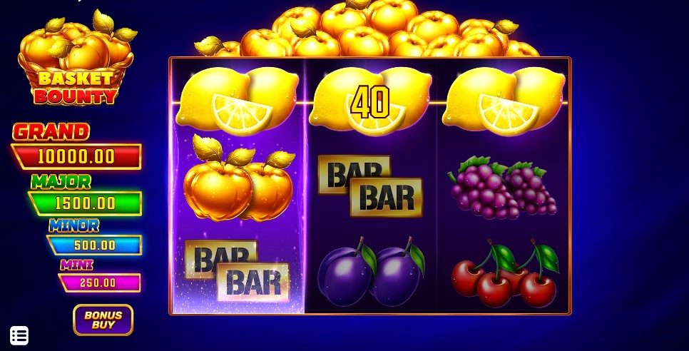 Trois citrons alignés sur la ligne du haut de Basket Bounty pour un gain de 40 avec une mise de 10