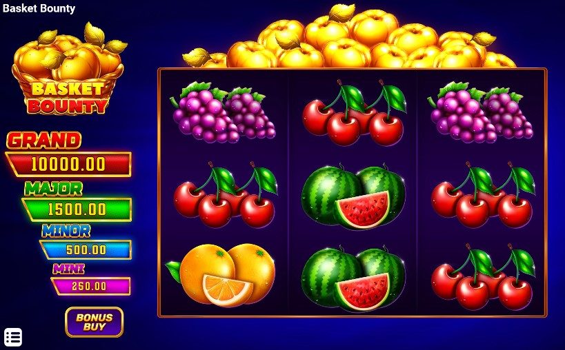 Grille de Basket Bounty en jeu de base avec raisins, cerises, pastèques et orange sous une montagne de pommes dorées