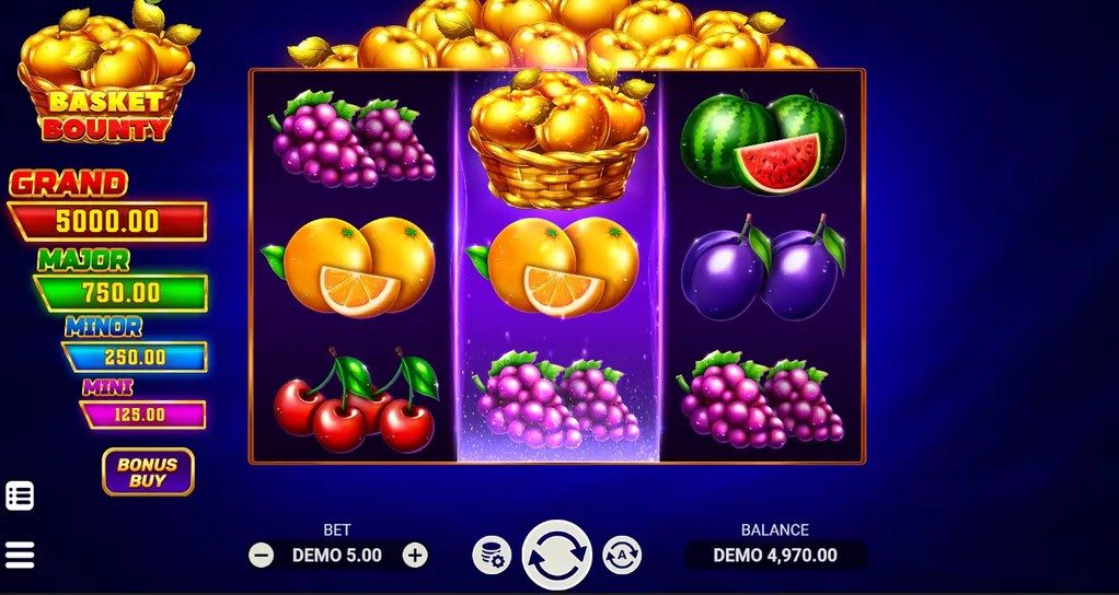 Grille 3×3 de Basket Bounty avec le panier Basket Bonus sur le rouleau central et les jackpots Grand 5 000, Major 750, Minor 250 et Mini 125 pour une mise de 5