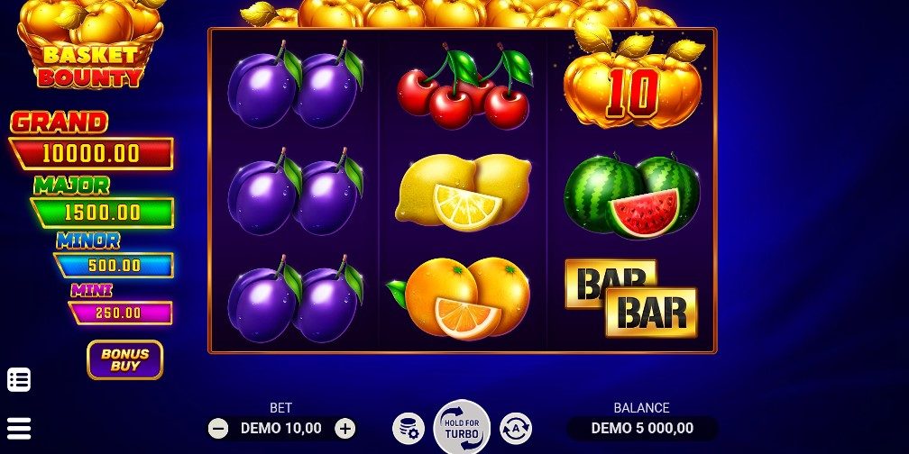 Pomme dorée de valeur 10 sur le troisième rouleau de Basket Bounty, à côté d'une pastèque et d'un symbole BAR