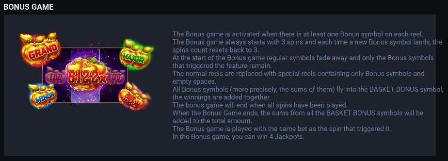 Règles du Bonus Game de Basket Bounty : trois respins, compteur remis à 3 à chaque pomme et quatre jackpots