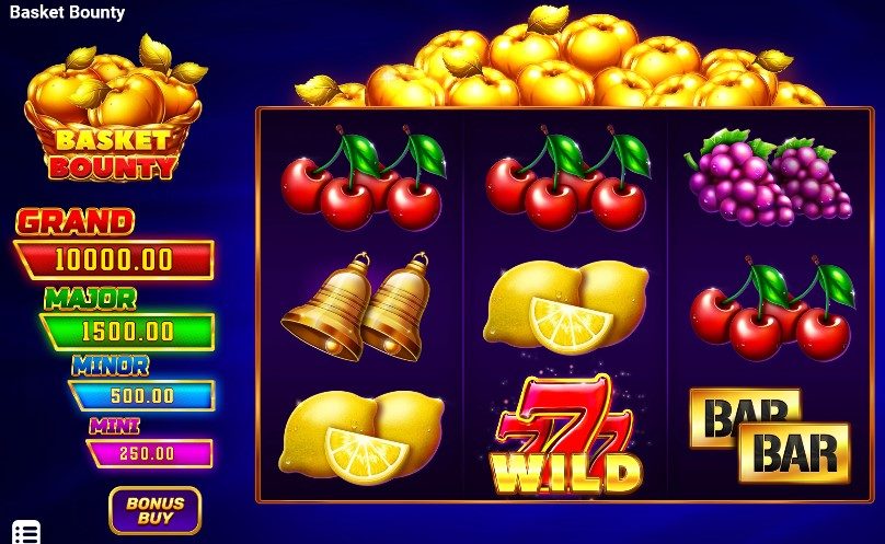 Symbole Wild 777 sur le rouleau central de Basket Bounty entre cerises, cloches, citrons et un BAR